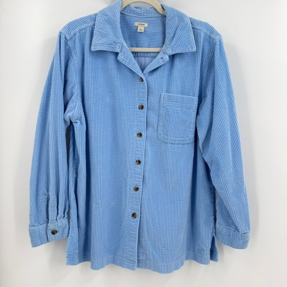 LL Bean Women L Blue Cotton Corduroy Button Up Shirt Coastal Grandma